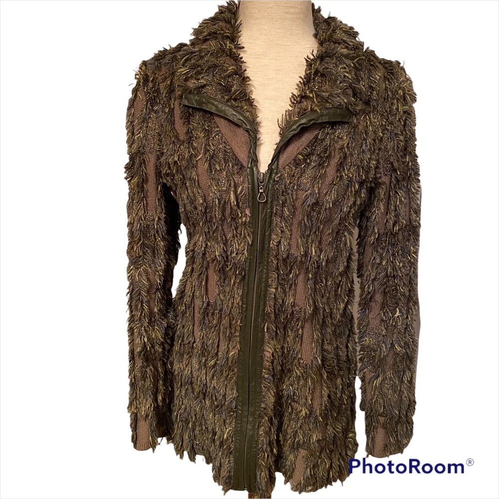 NIC + ZOE SWEATER CARDIGAN GREEN FRINGE TEXTURE ZIP FRONT FAUX LEATHER SIZE S